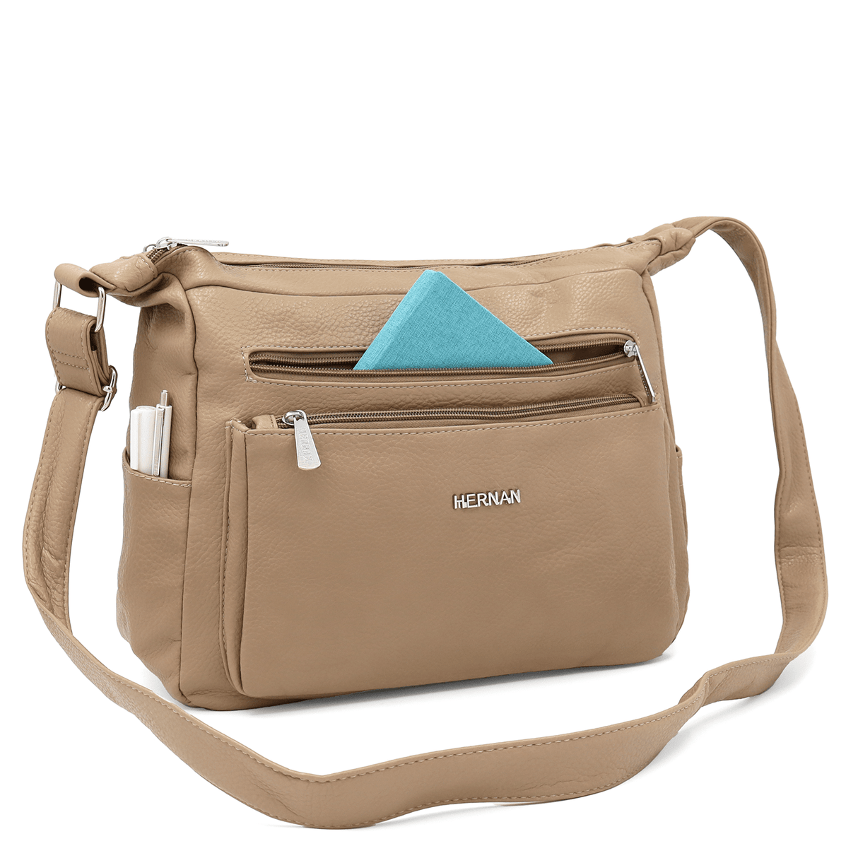 Válltáska 2 rekesszel és sok zsebbel - világosbarna