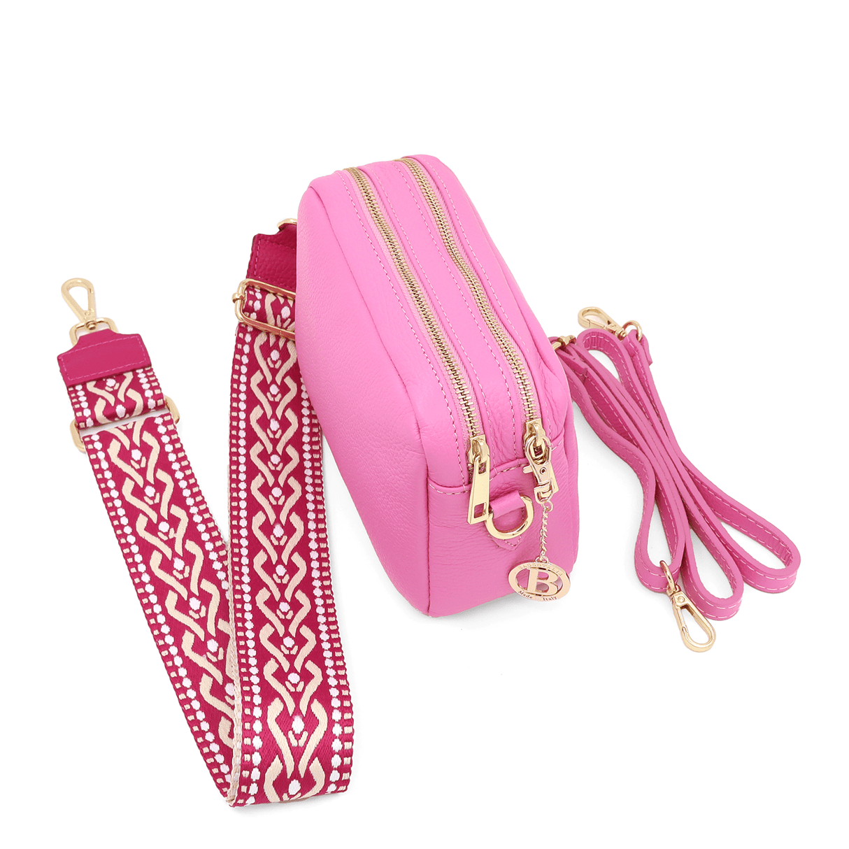 Természetes bőr válltáska 2 fogantyúval - rózsaszín