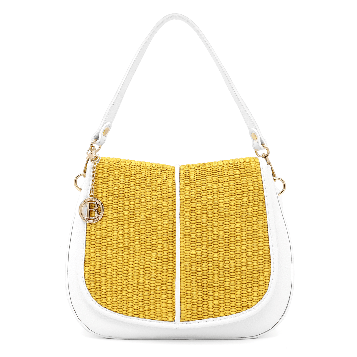 Női táska természetes bőrből, 2 fogantyúval és kézzel szőtt rafiával - fehér/sárga