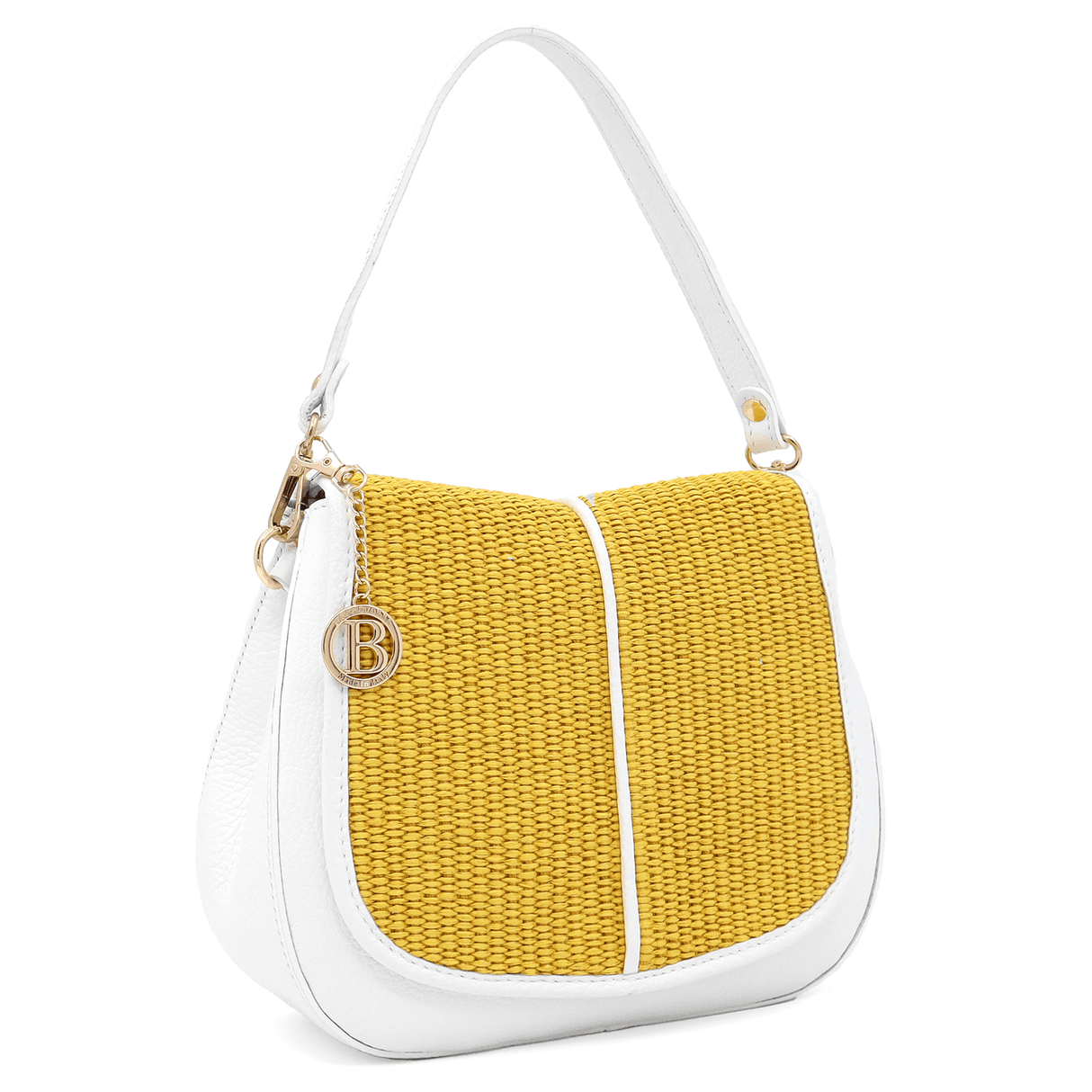 Női táska természetes bőrből, 2 fogantyúval és kézzel szőtt rafiával - fehér/sárga