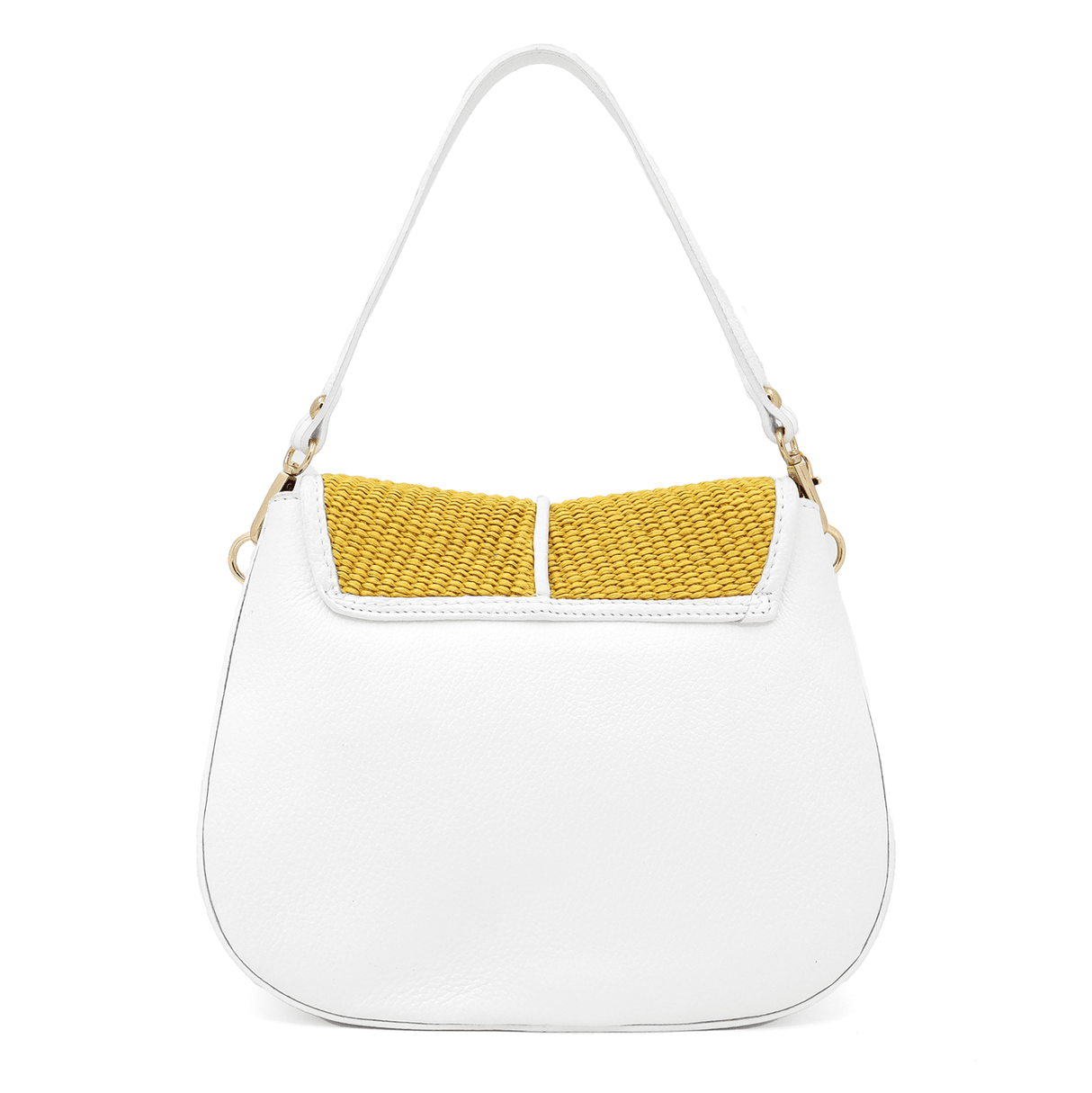 Női táska természetes bőrből, 2 fogantyúval és kézzel szőtt rafiával - fehér/sárga