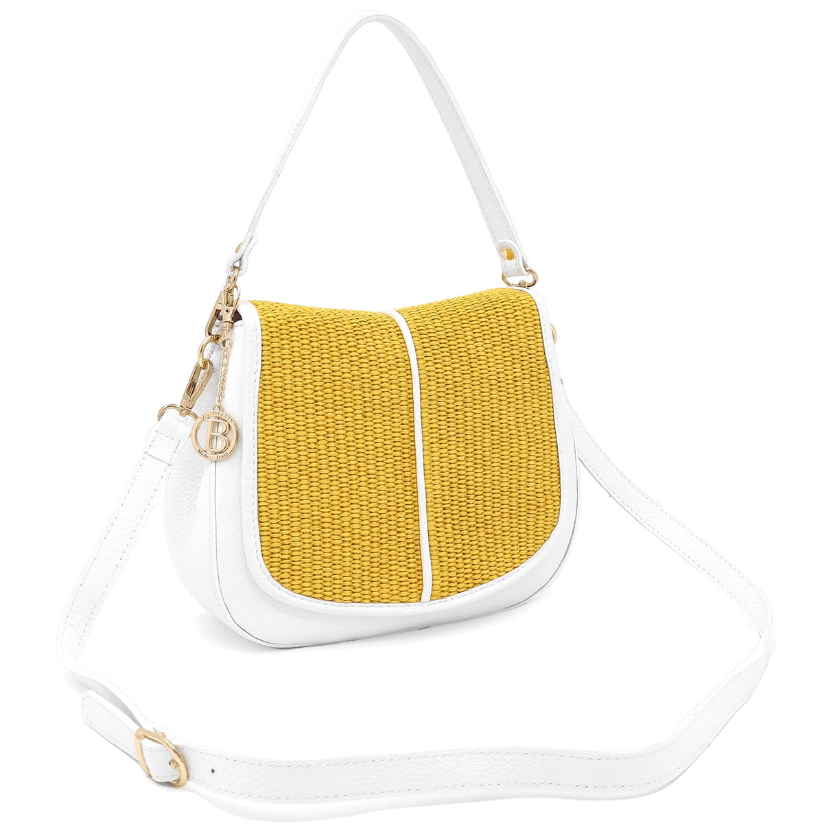 Női táska természetes bőrből, 2 fogantyúval és kézzel szőtt rafiával - fehér/sárga