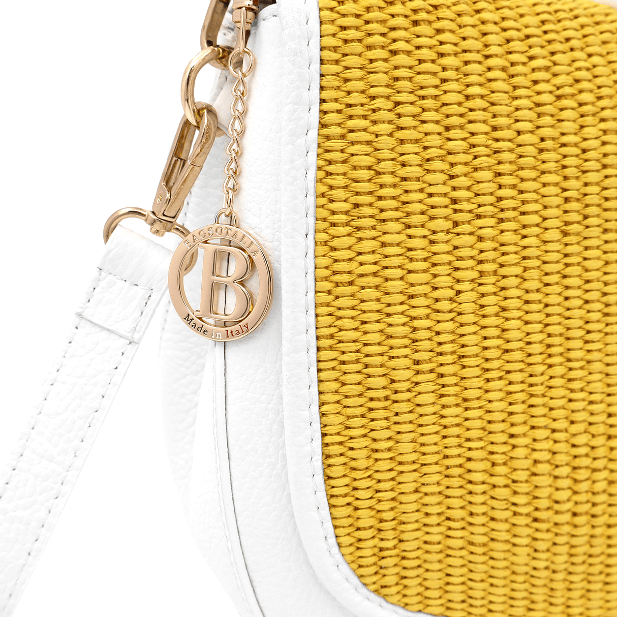 Női táska természetes bőrből, 2 fogantyúval és kézzel szőtt rafiával - fehér/sárga