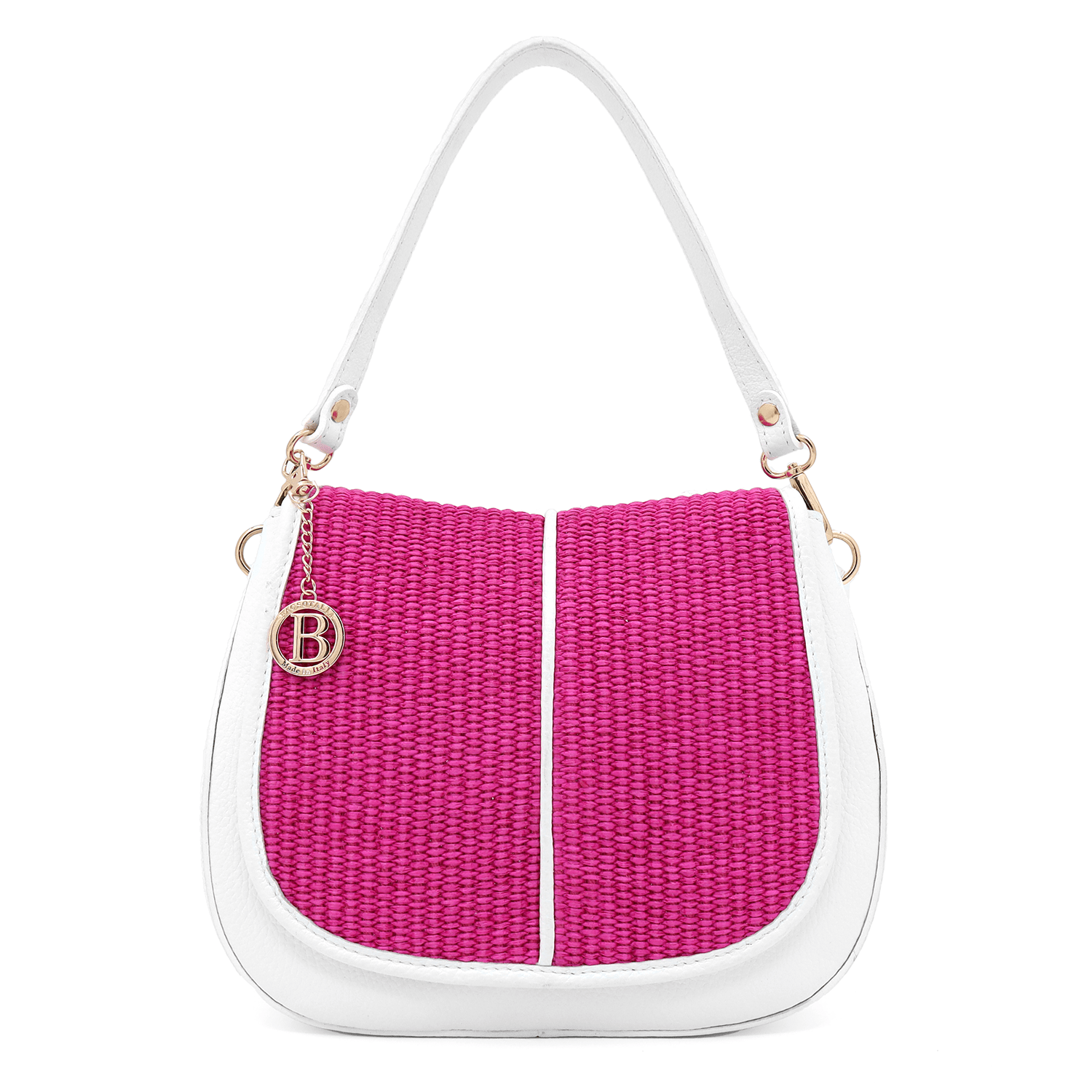 Női táska természetes bőrből, 2 fogantyúval és kézzel szőtt rafiával - fehér/fukszia