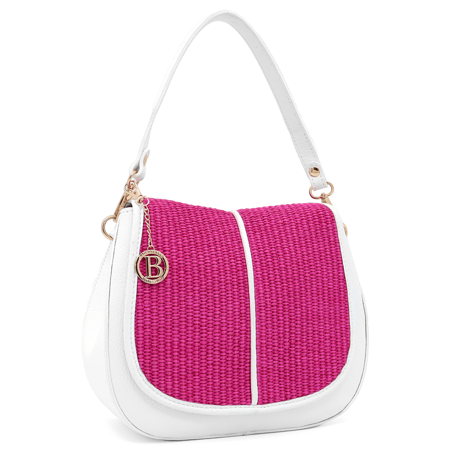Női táska természetes bőrből, 2 fogantyúval és kézzel szőtt rafiával - fehér/fukszia