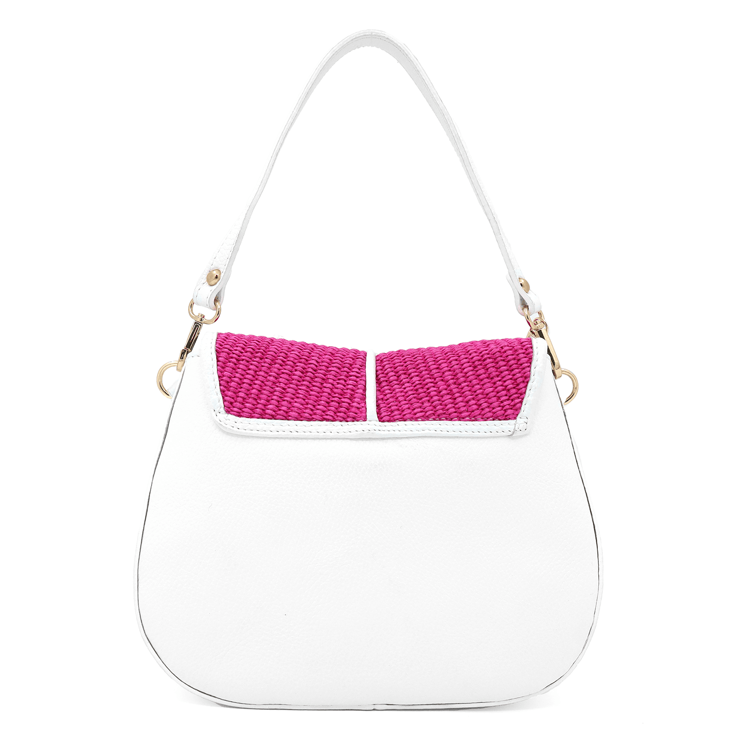Női táska természetes bőrből, 2 fogantyúval és kézzel szőtt rafiával - fehér/fukszia