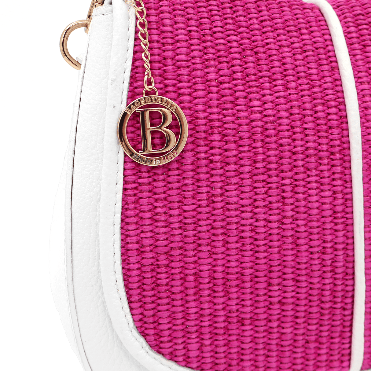Női táska természetes bőrből, 2 fogantyúval és kézzel szőtt rafiával - fehér/fukszia