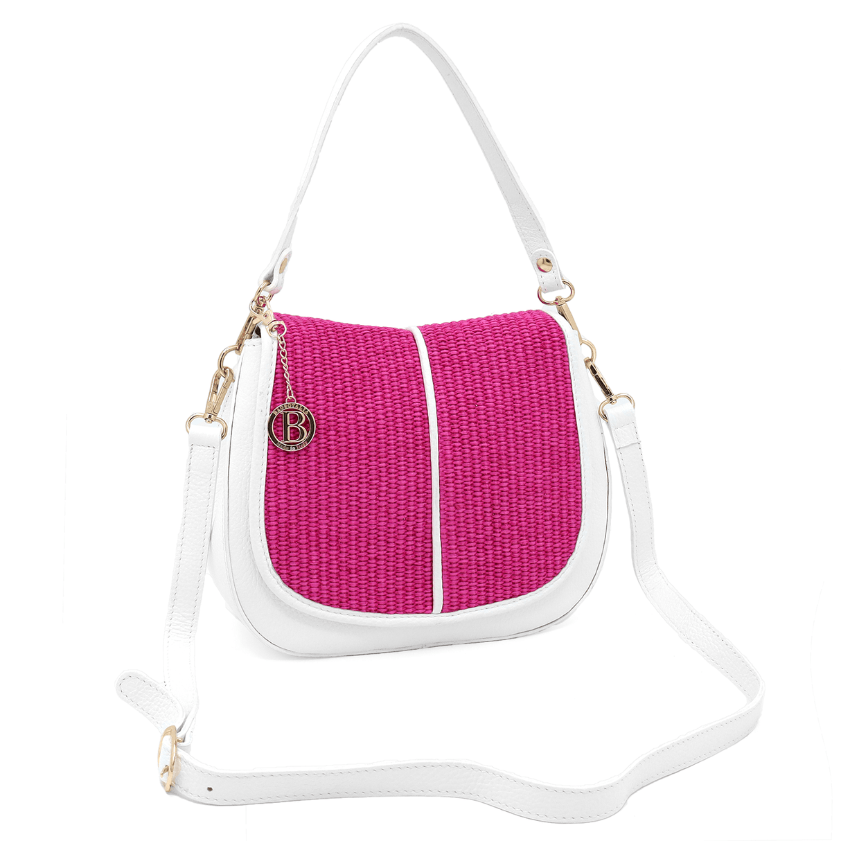 Női táska természetes bőrből, 2 fogantyúval és kézzel szőtt rafiával - fehér/fukszia