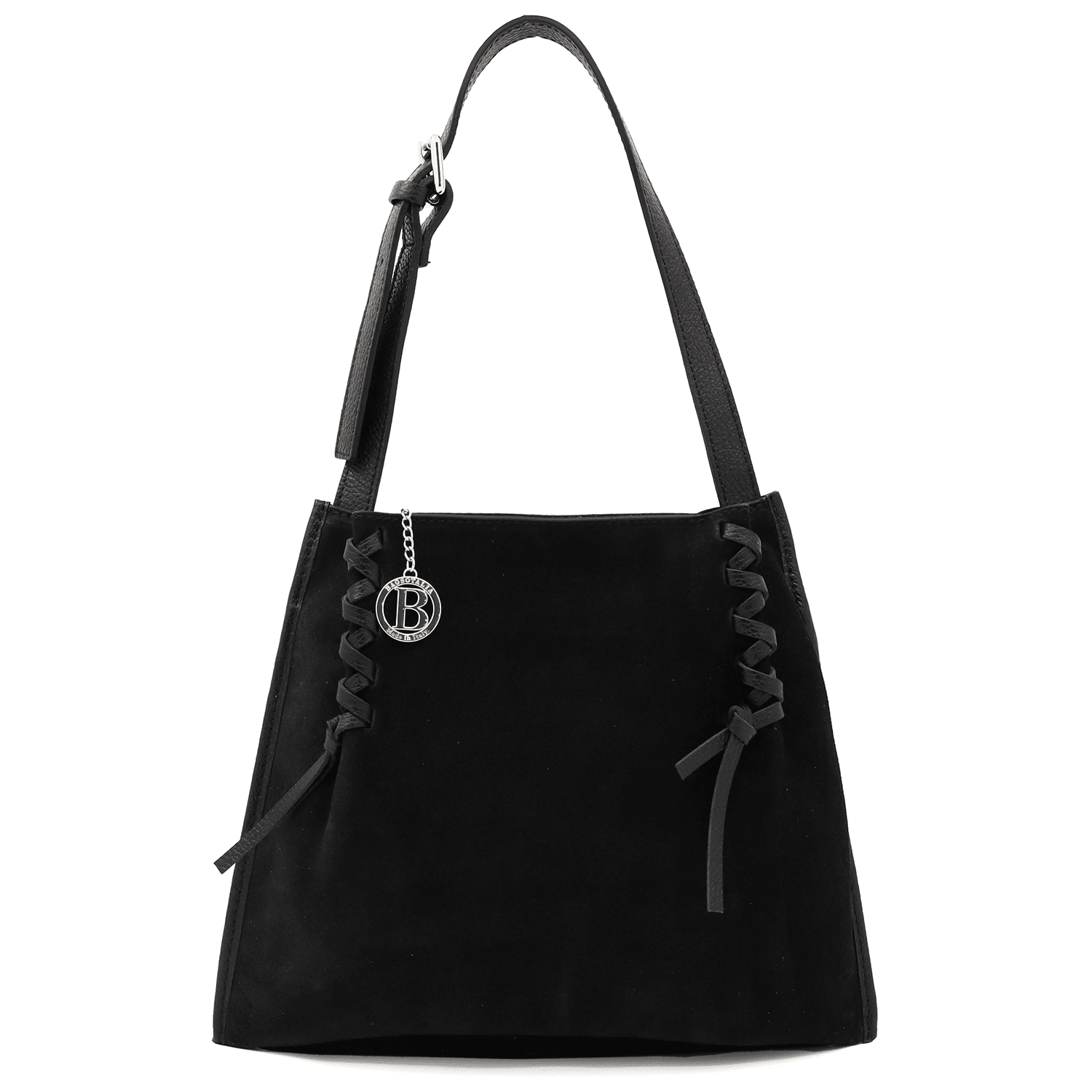 Női táska természetes bőrből és velúrból, 2 fogantyúval, Gabriella - fekete