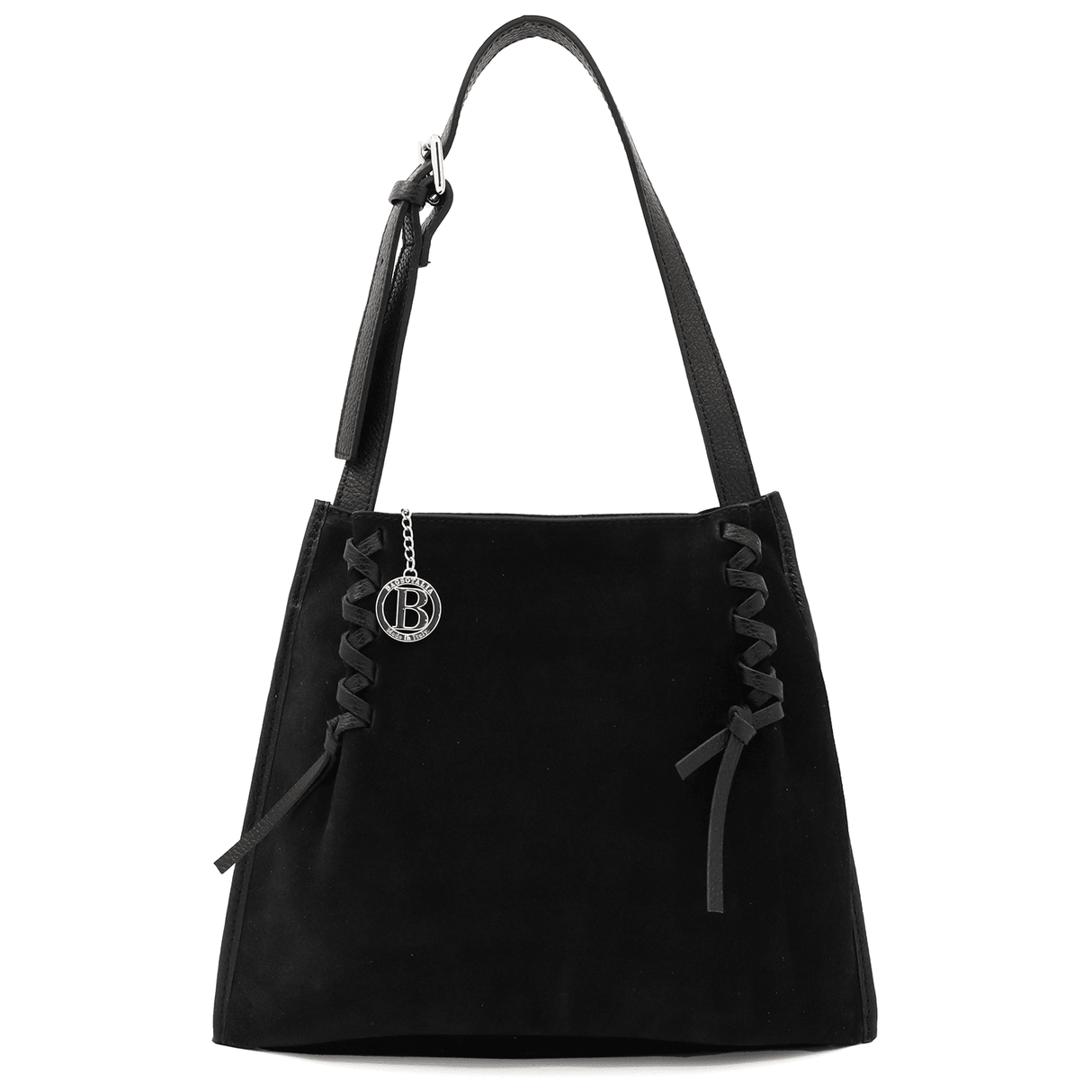 Női táska természetes bőrből és velúrból, 2 fogantyúval, Gabriella - fekete