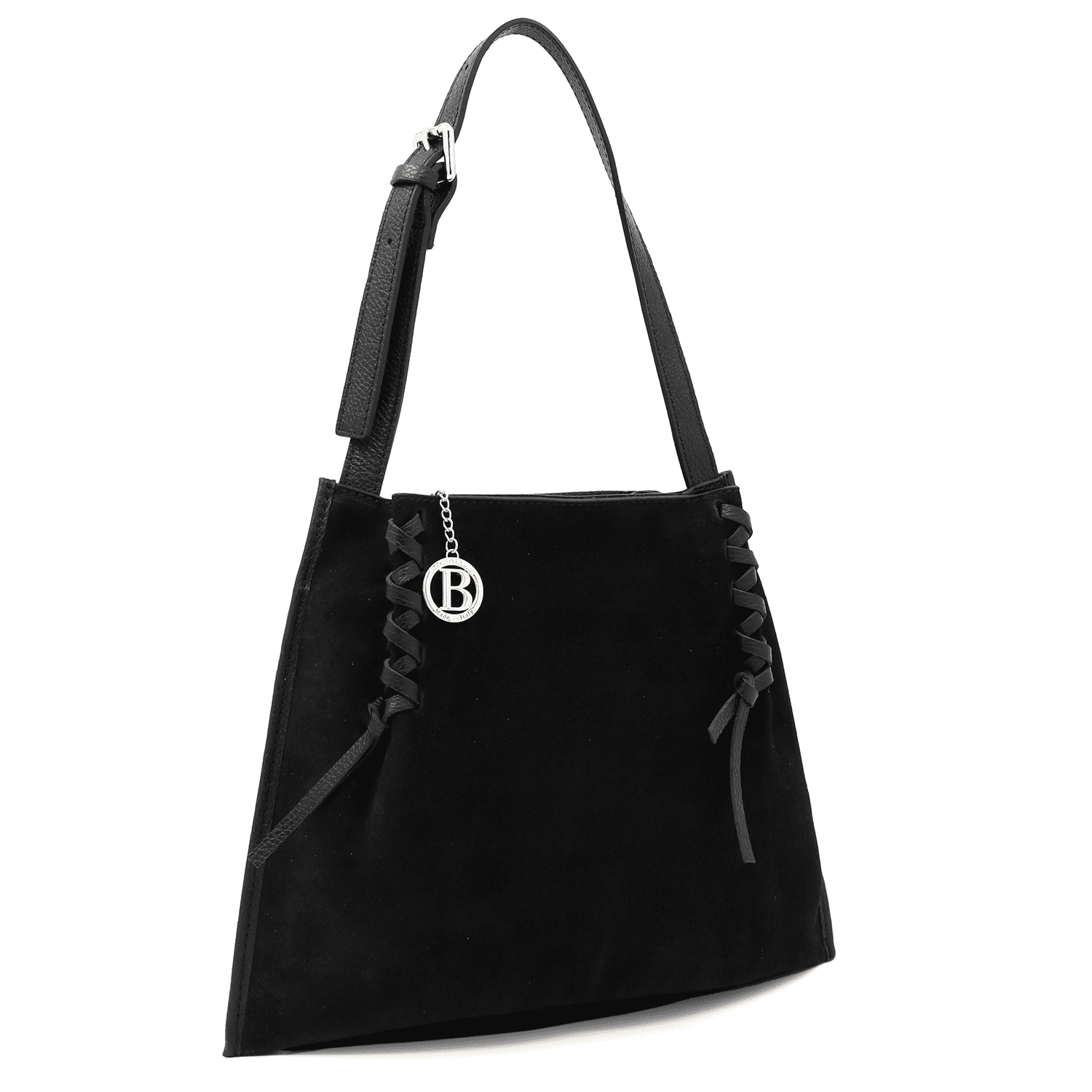 Női táska természetes bőrből és velúrból, 2 fogantyúval, Gabriella - fekete