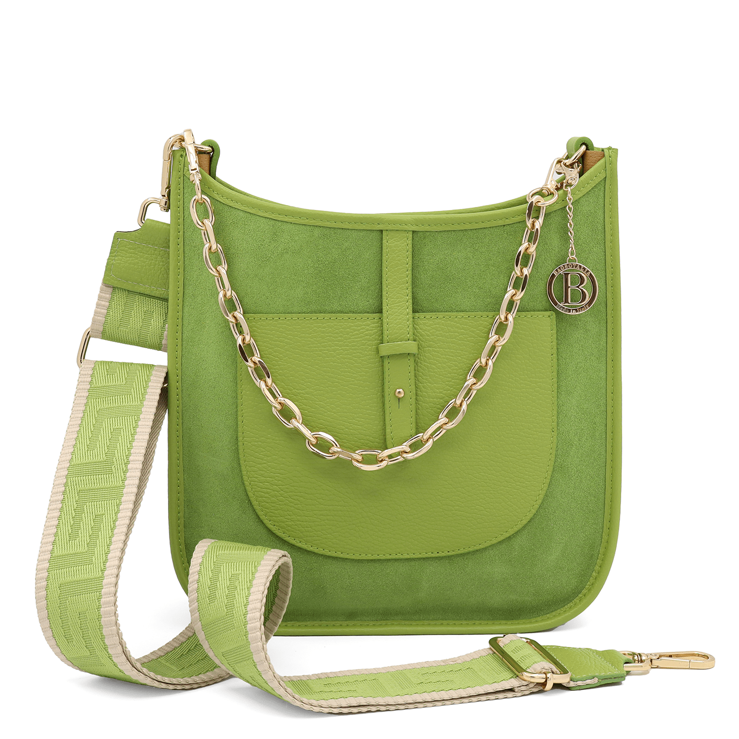 Női táska természetes bőrből és velúrból, 2 fogantyúval, Marisol - zöld