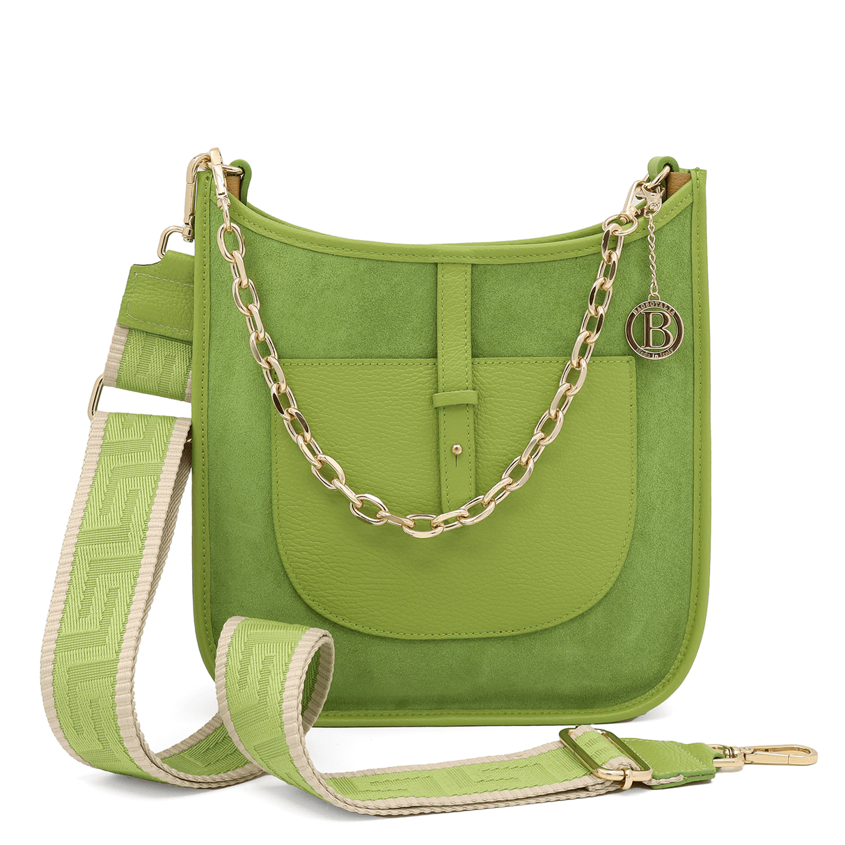 Női táska természetes bőrből és velúrból, 2 fogantyúval, Marisol - zöld