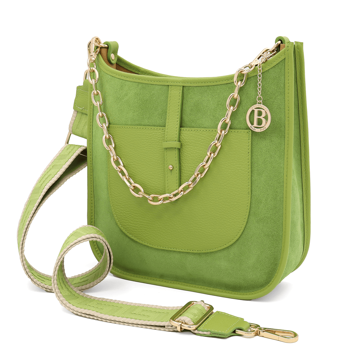 Női táska természetes bőrből és velúrból, 2 fogantyúval, Marisol - zöld