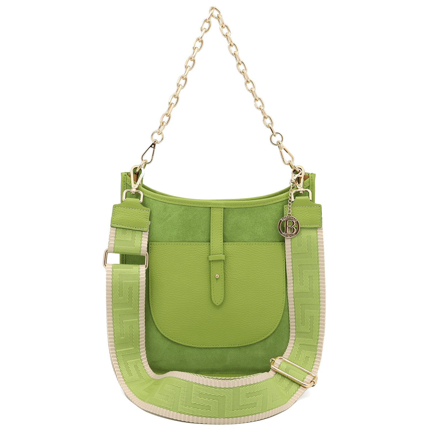 Női táska természetes bőrből és velúrból, 2 fogantyúval, Marisol - zöld