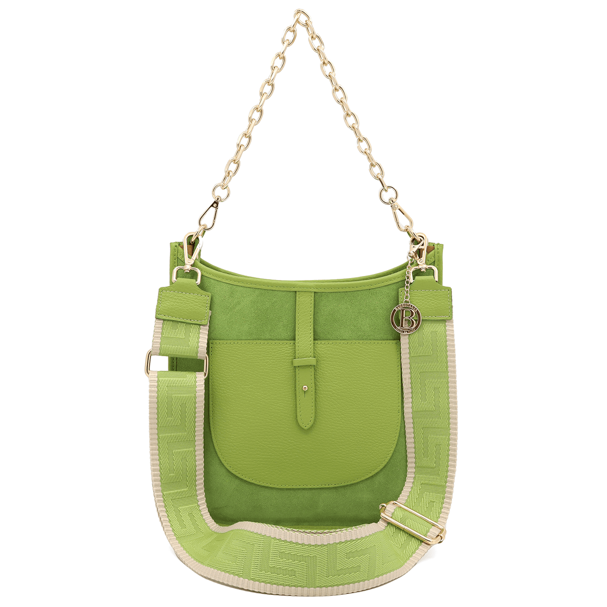 Női táska természetes bőrből és velúrból, 2 fogantyúval, Marisol - zöld