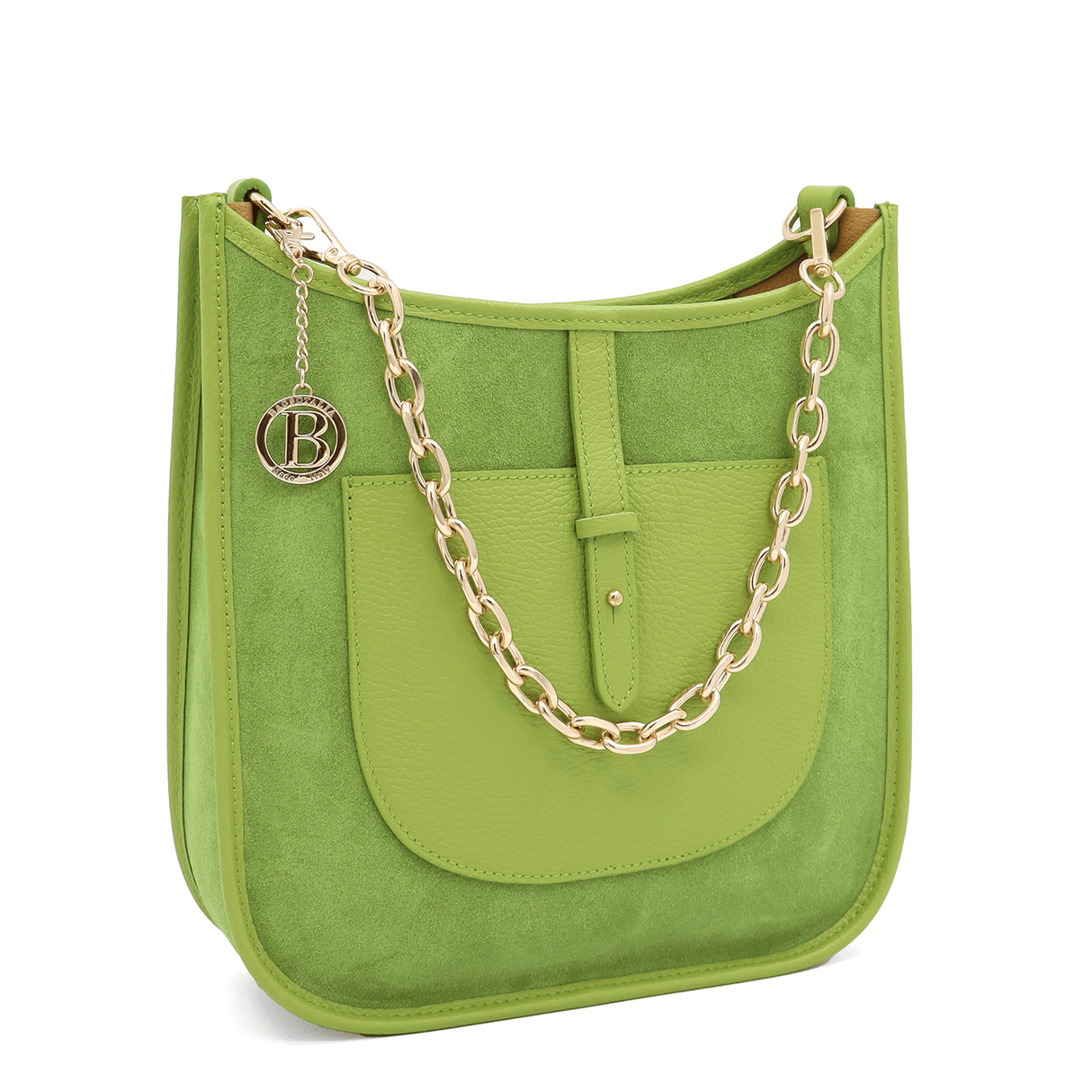 Női táska természetes bőrből és velúrból, 2 fogantyúval, Marisol - zöld