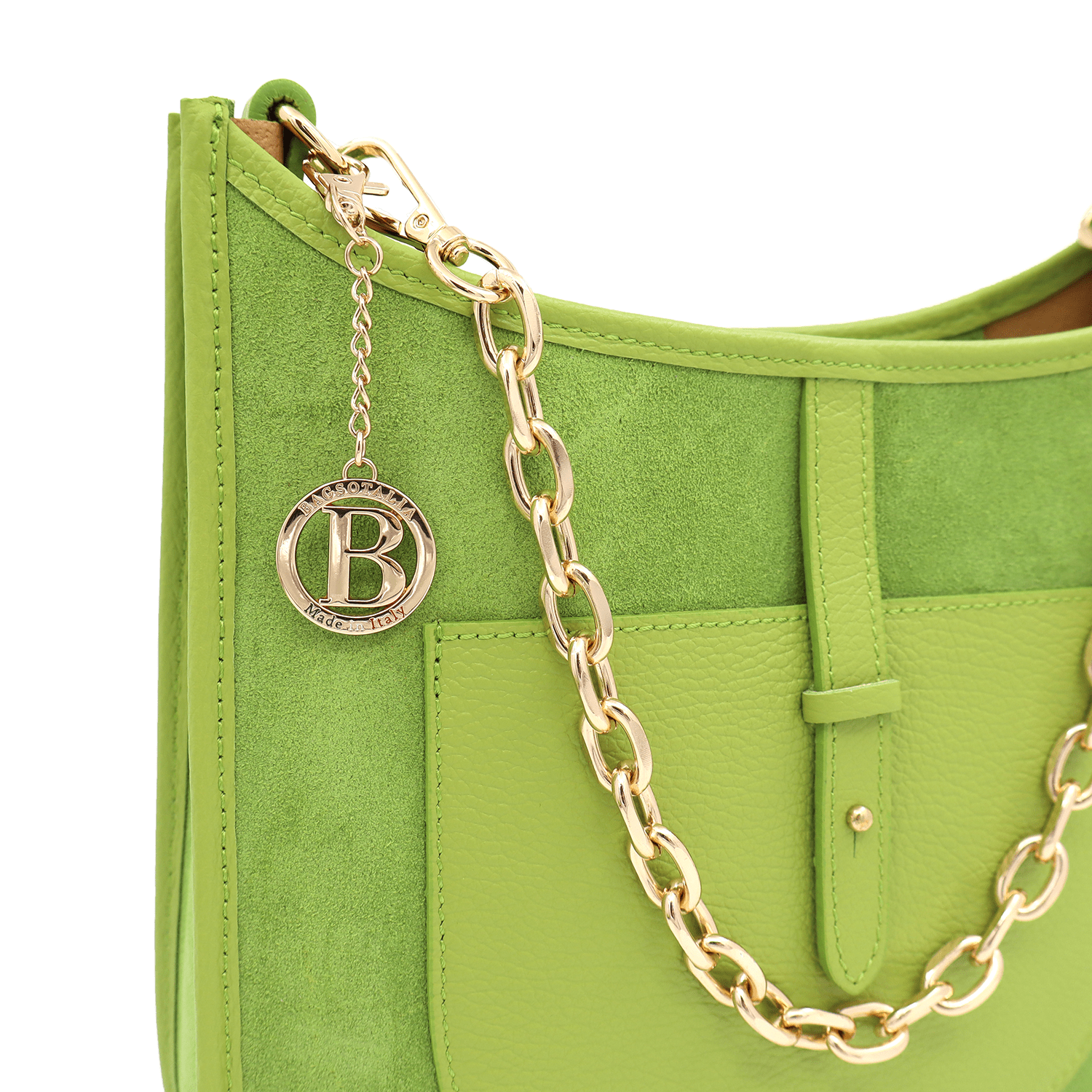 Női táska természetes bőrből és velúrból, 2 fogantyúval, Marisol - zöld