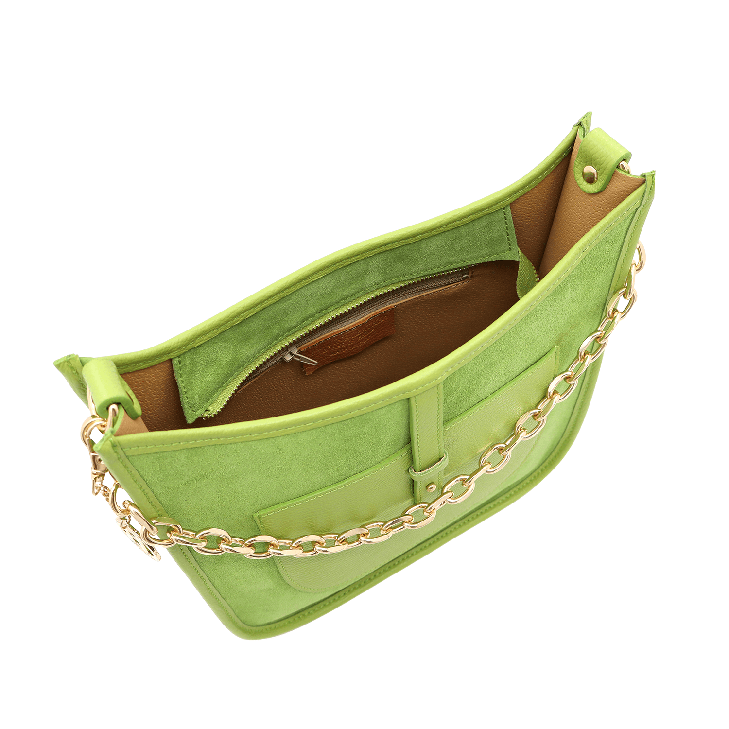 Női táska természetes bőrből és velúrból, 2 fogantyúval, Marisol - zöld