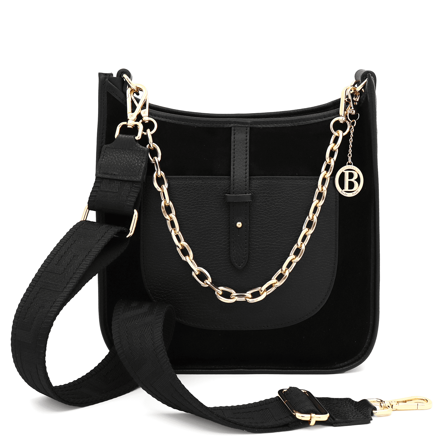 Női táska természetes bőrből és velúrból, 2 fogantyúval, Marisol - fekete