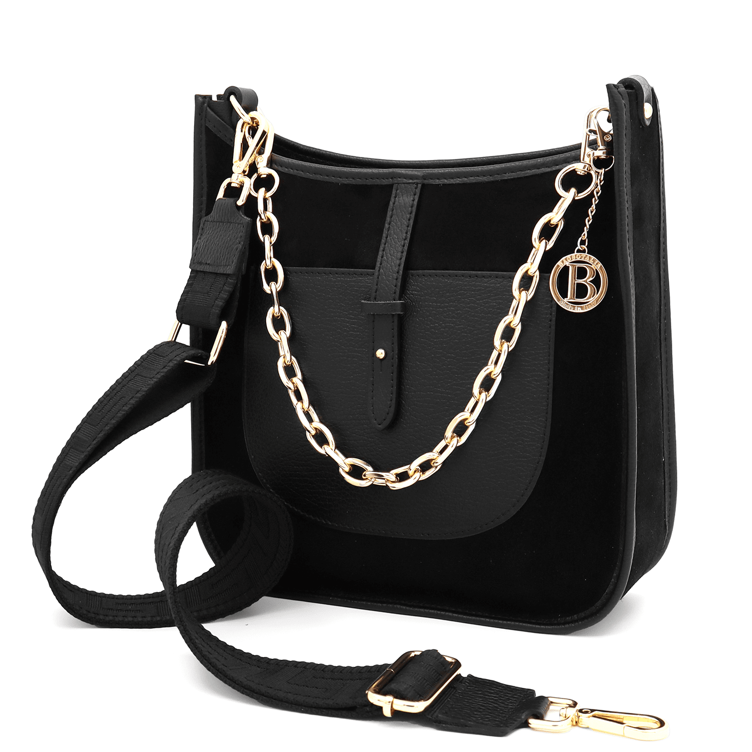 Női táska természetes bőrből és velúrból, 2 fogantyúval, Marisol - fekete