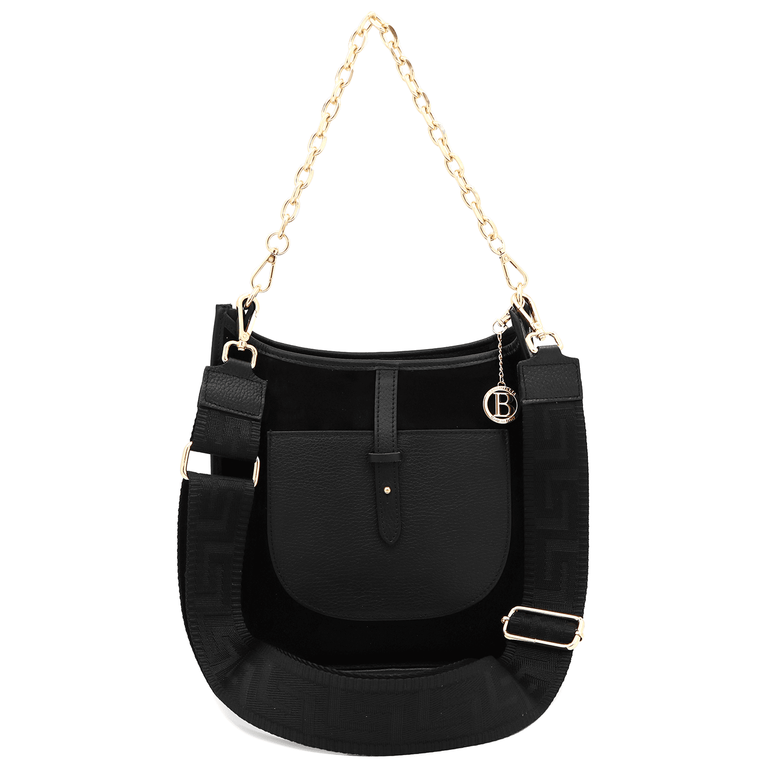 Női táska természetes bőrből és velúrból, 2 fogantyúval, Marisol - fekete