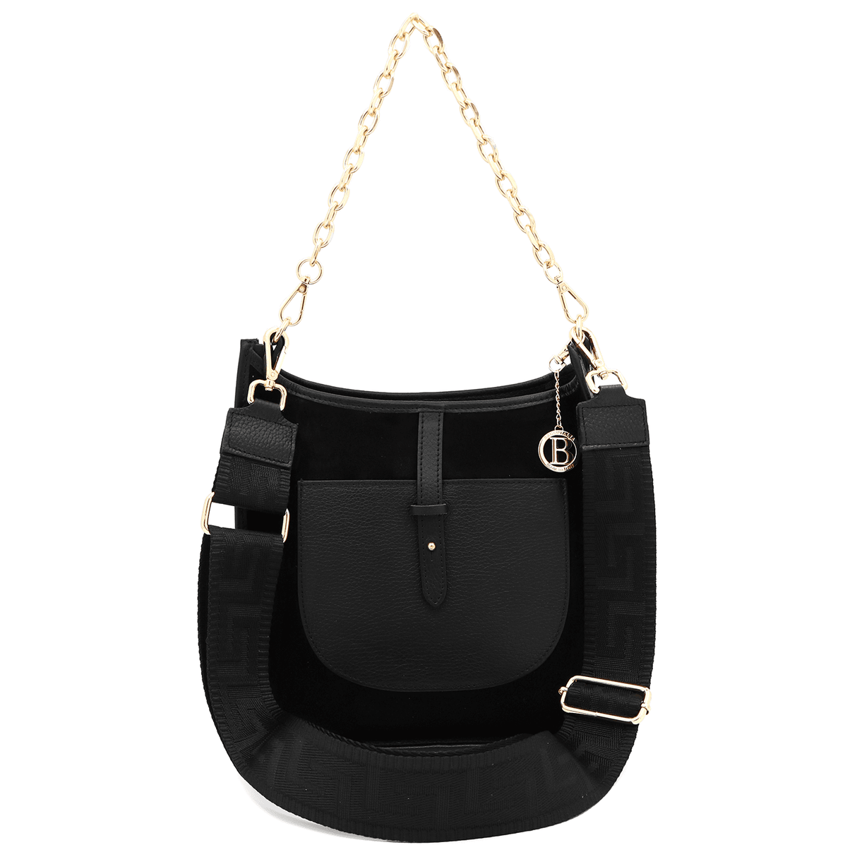 Női táska természetes bőrből és velúrból, 2 fogantyúval, Marisol - fekete