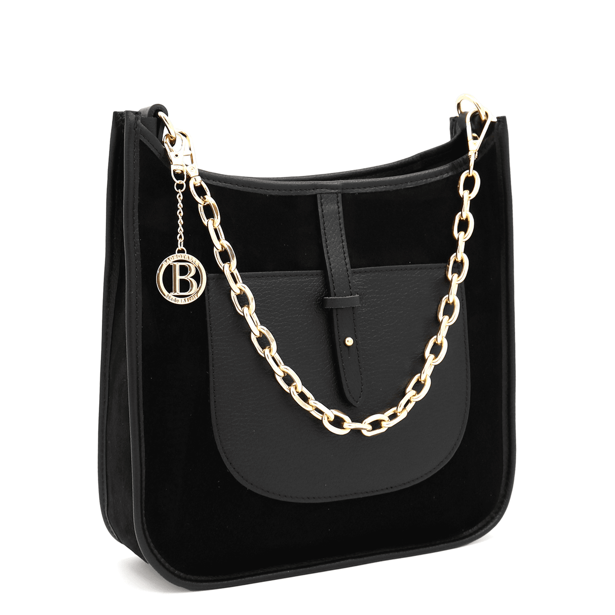 Női táska természetes bőrből és velúrból, 2 fogantyúval, Marisol - fekete