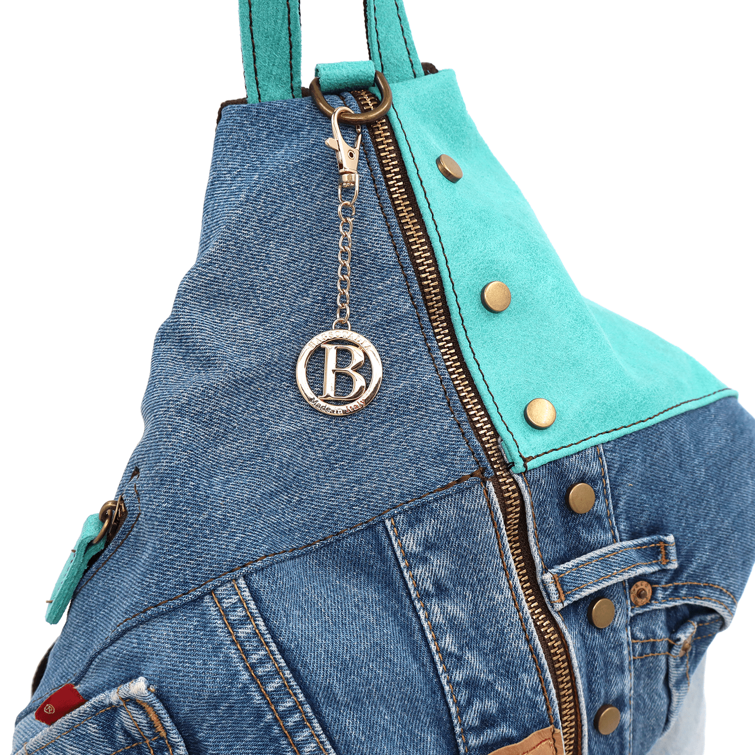 Nagy természetes bőr és farmer Gabriela hátizsák - világoskék