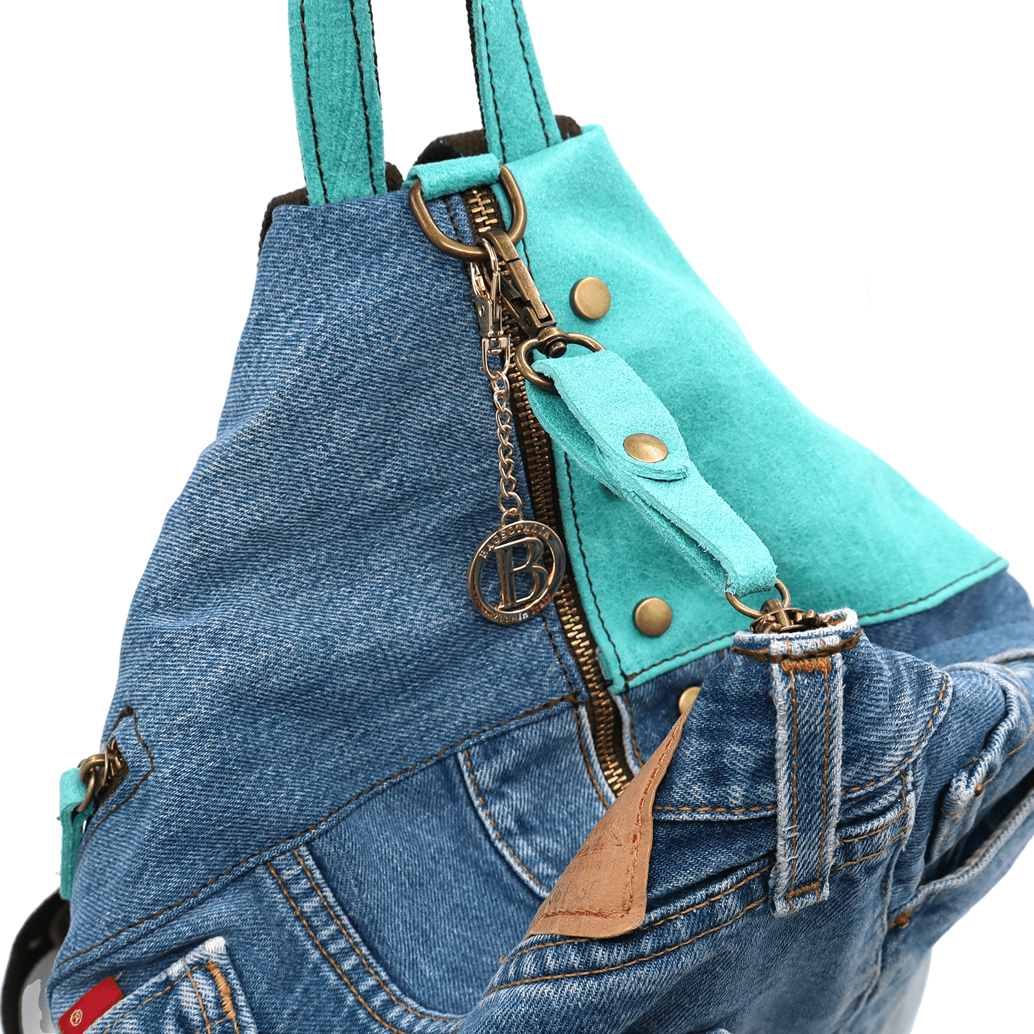 Nagy természetes bőr és farmer Gabriela hátizsák - világoskék