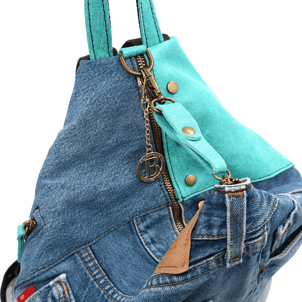 Nagy természetes bőr és farmer Gabriela hátizsák - világoskék