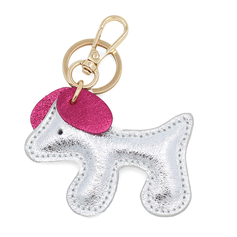 Kulcstartó természetes bőrből, kutya formájú - ezüst