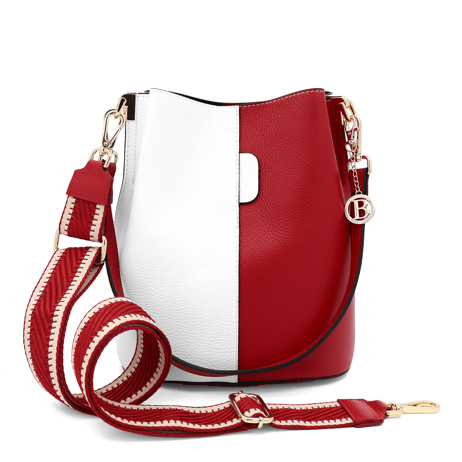 Női táska természetes bőrből, 2 fogantyúval Alba - fehér/piros