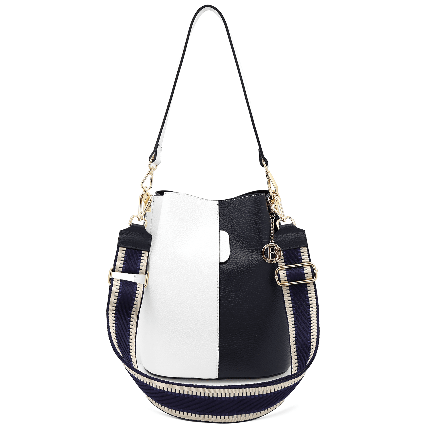 Női táska természetes bőrből, 2 fogantyúval Alba - fehér/sötétkék