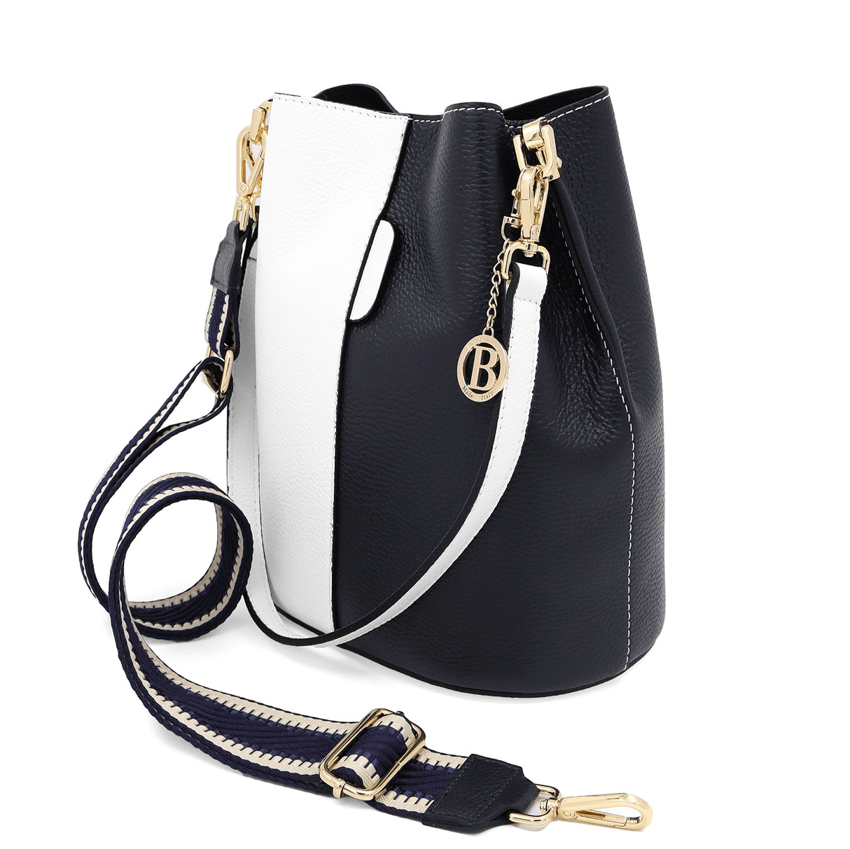 Női táska természetes bőrből, 2 fogantyúval Alba - fehér/sötétkék