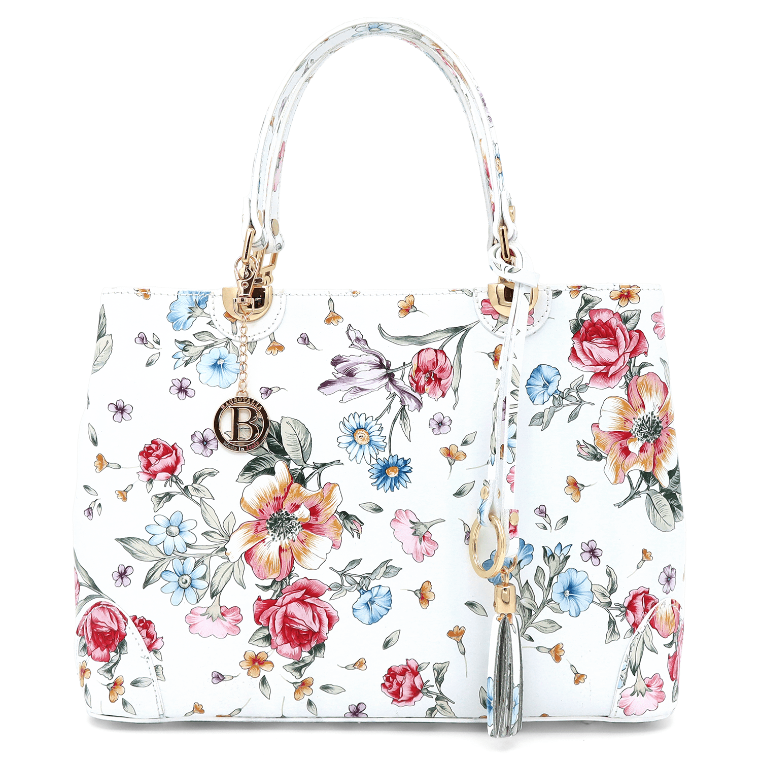 Női táska természetes bőrből, Alika nyomtatással - fehér