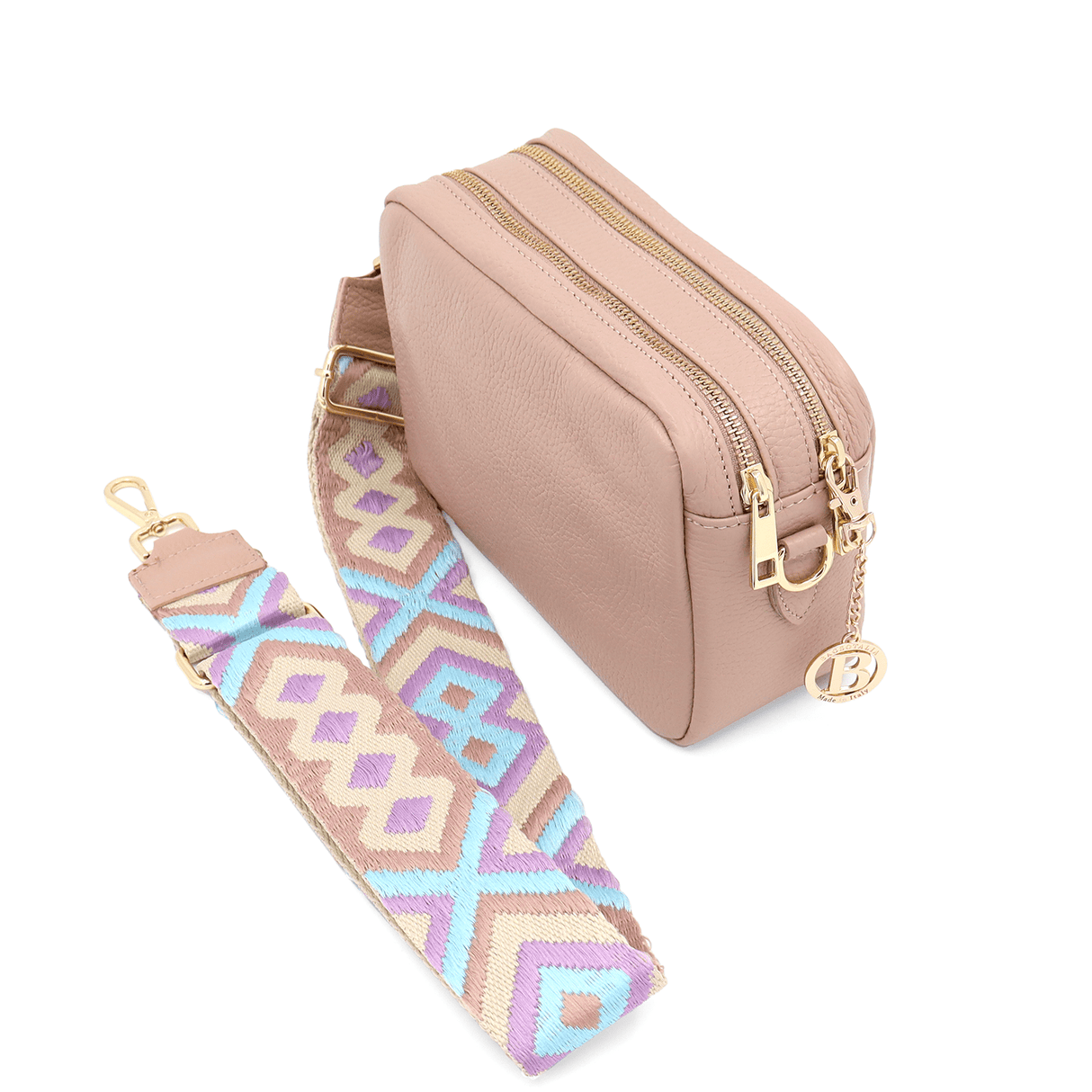 Természetes bőr válltáska 2 fogantyúval - rózsaszín