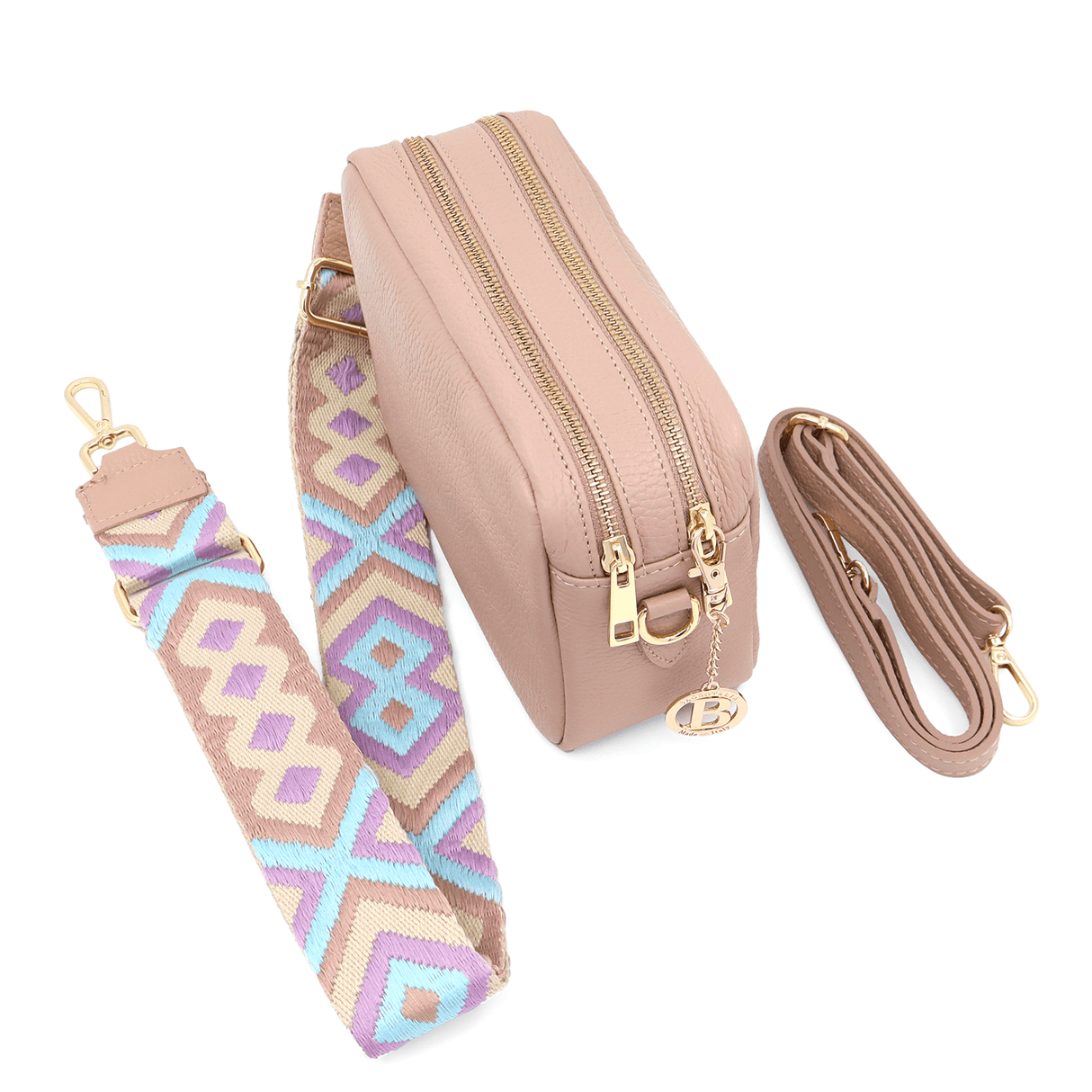 Természetes bőr válltáska 2 fogantyúval - rózsaszín