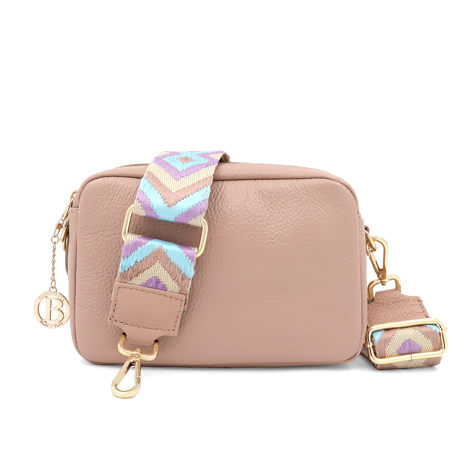 Természetes bőr válltáska 2 fogantyúval - rózsaszín