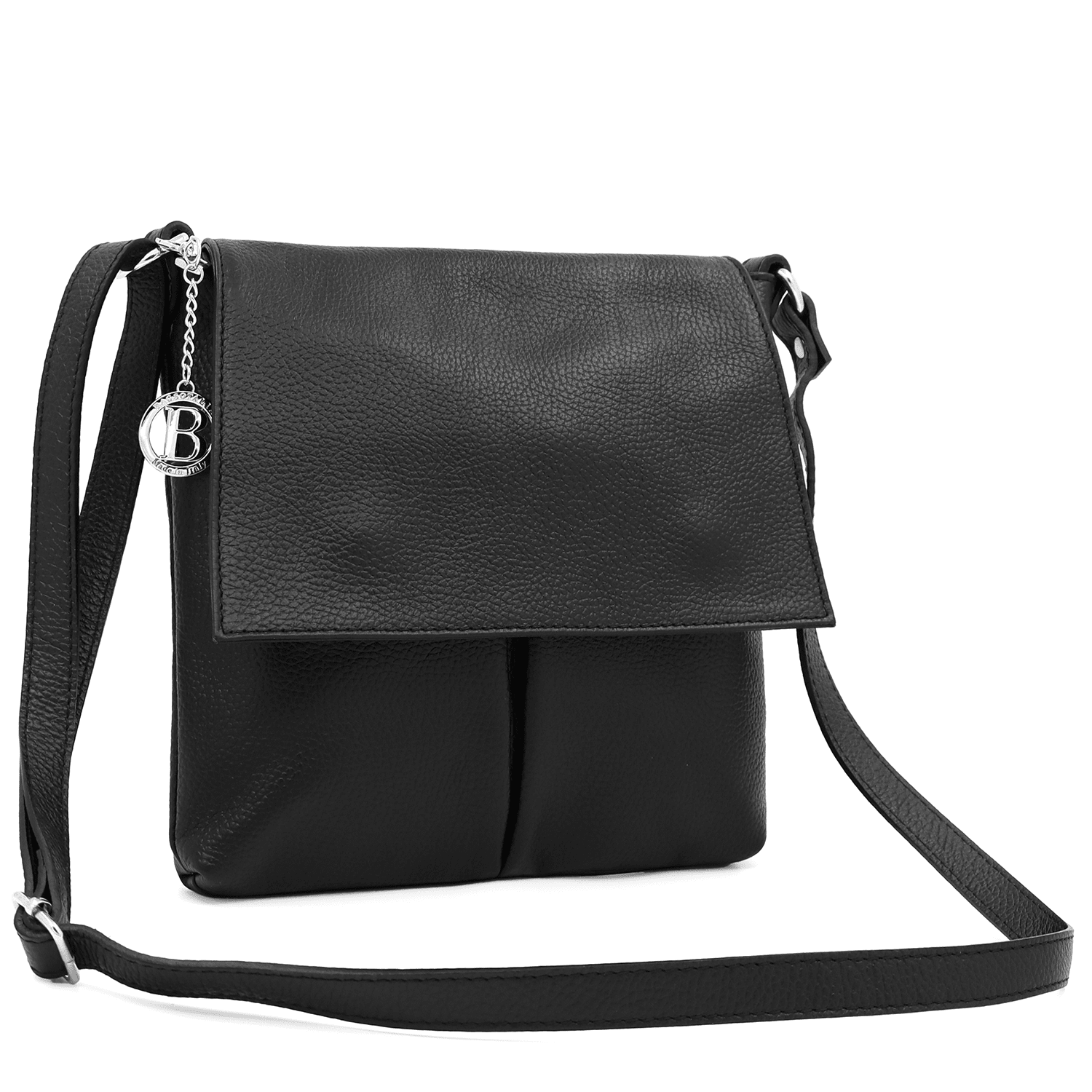 Válltáska természetes bőrből, sok zsebbel - fekete