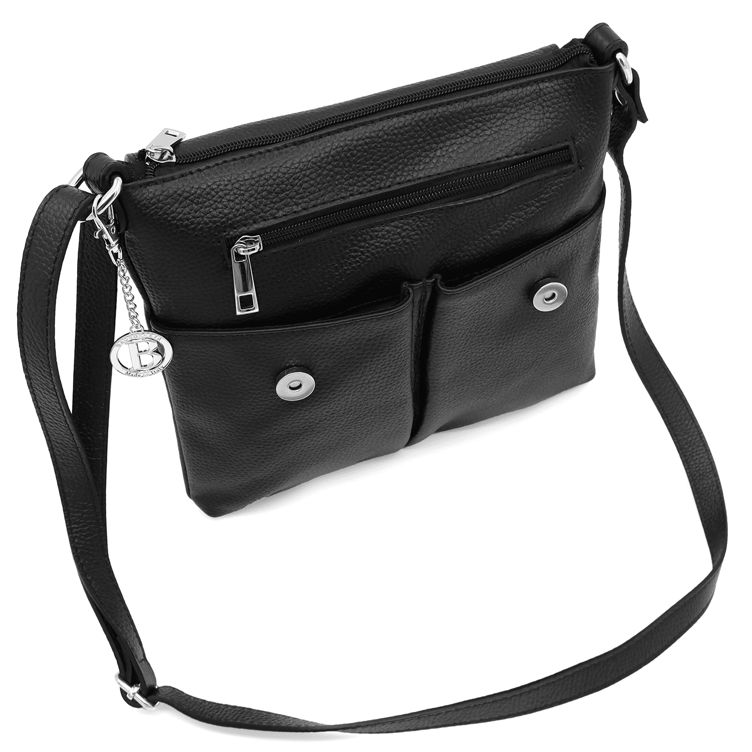 Válltáska természetes bőrből, sok zsebbel - fekete