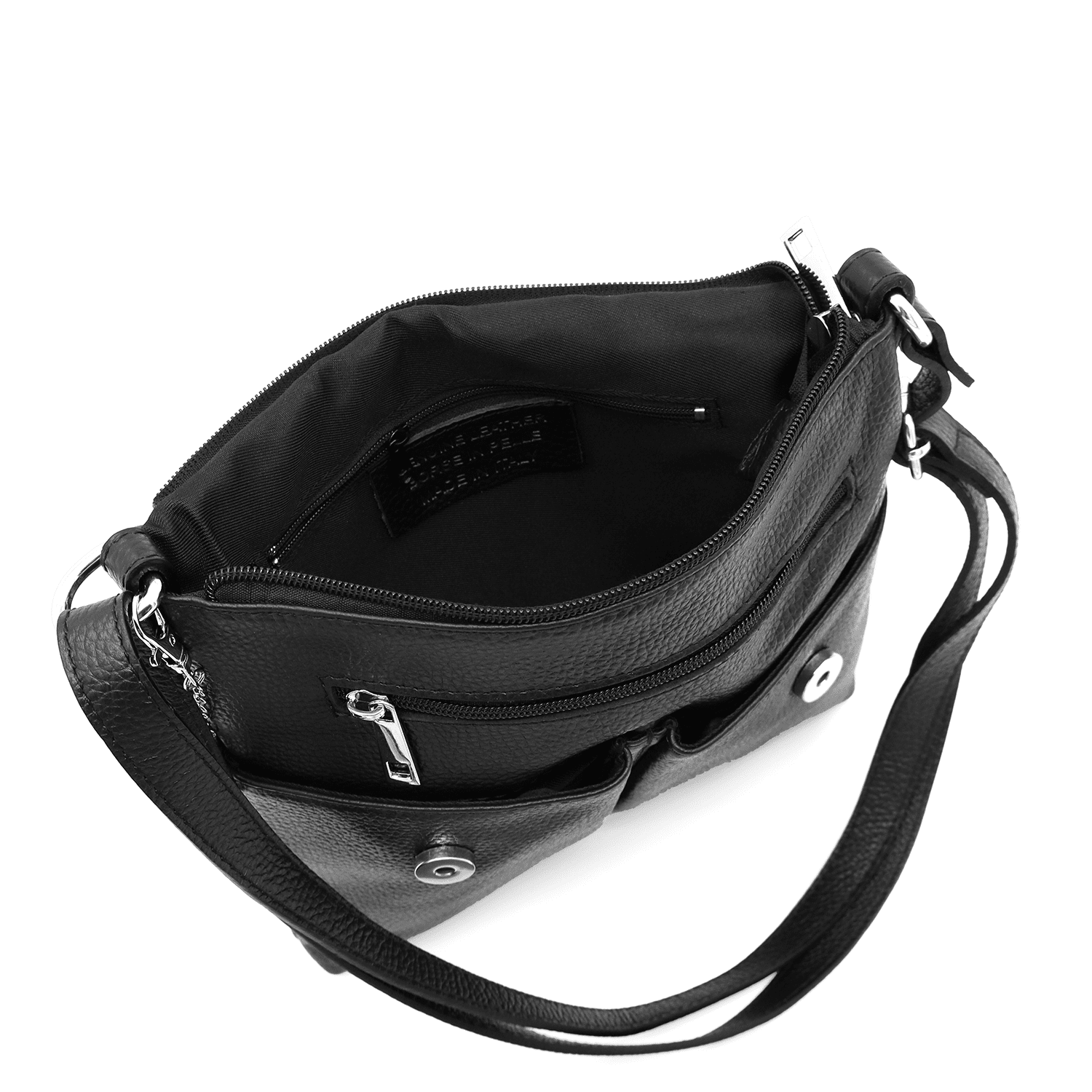 Válltáska természetes bőrből, sok zsebbel - fekete