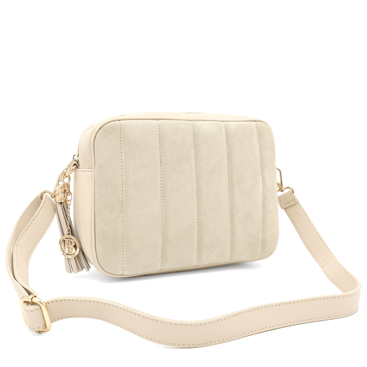 Válltáska természetes bőrből és velúrból - bézs