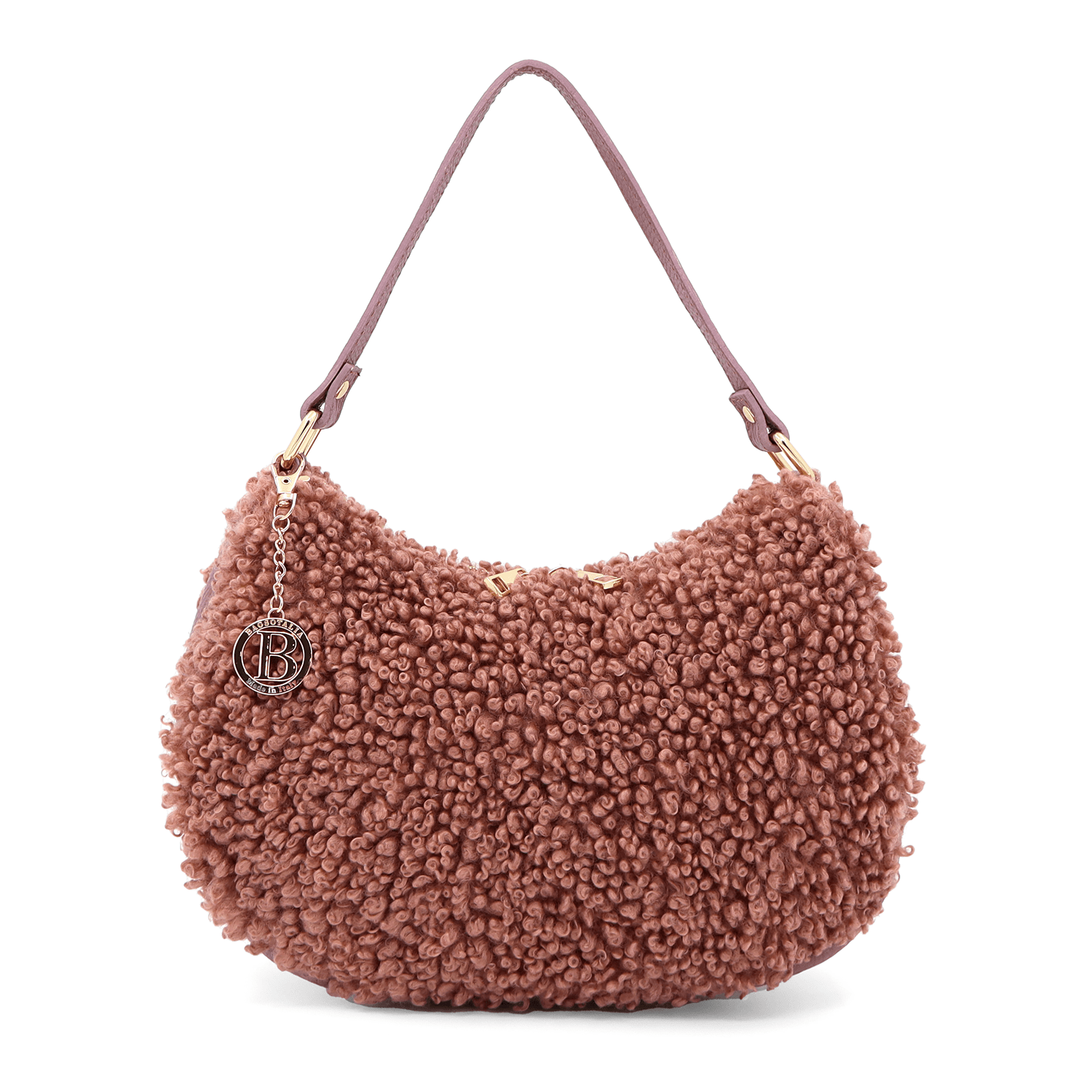 Női táska természetes bőrből és plüssből Emma - rózsaszín hamu