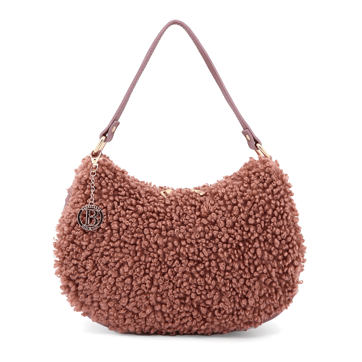 Női táska természetes bőrből és plüssből Emma - rózsaszín hamu