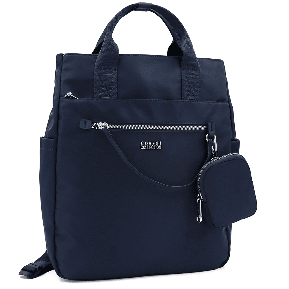 Női hátizsák szövetből, lógó pénztárcával - sötétkék