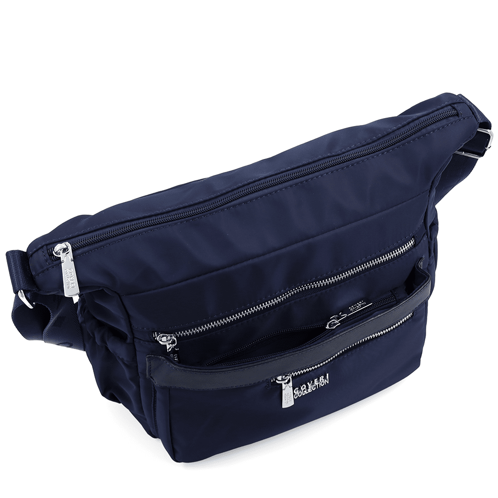 Női válltáska szövetből, sok zsebbel - sötétkék