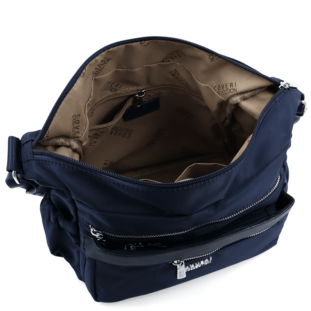 Női válltáska szövetből, sok zsebbel - sötétkék