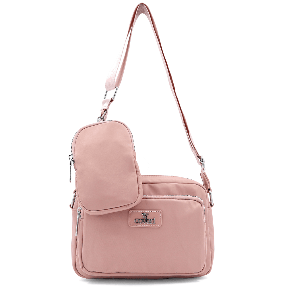 Női válltáska szövetből, lógó pénztárcával - rózsaszín