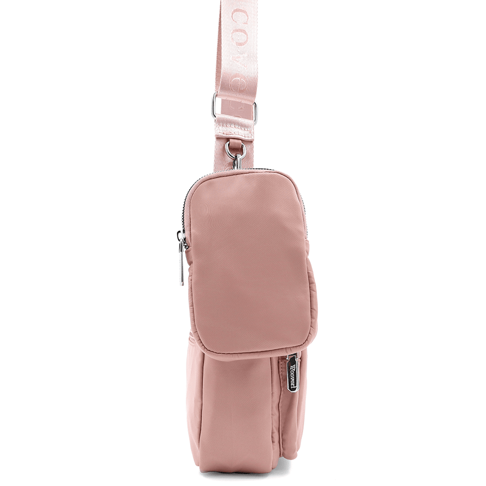 Női válltáska szövetből, lógó pénztárcával - rózsaszín